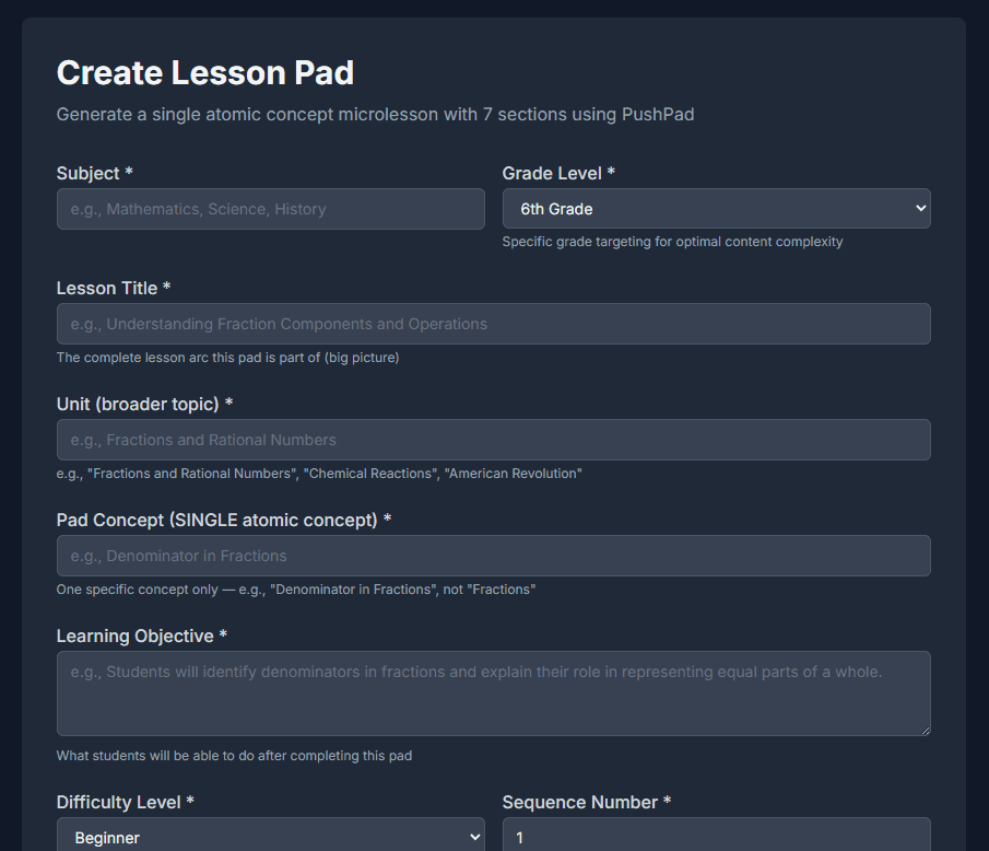 Create Lesson Pad form — variable input fields mapped to blueprint slots