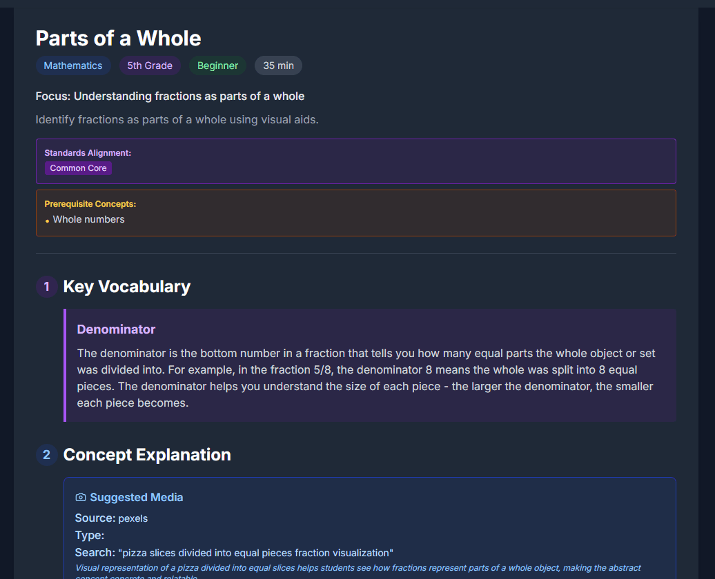 Pad preview header showing Parts of a Whole — Mathematics, 5th Grade, Beginner, 35 min